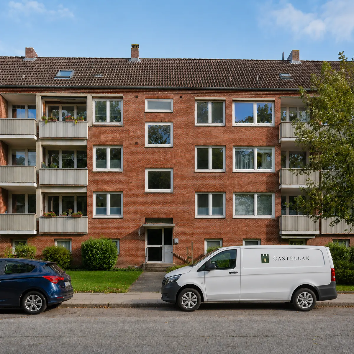 Castellan-Servicefahrzeug vor einem norddeutschen Backstein-Mehrfamilienhaus
