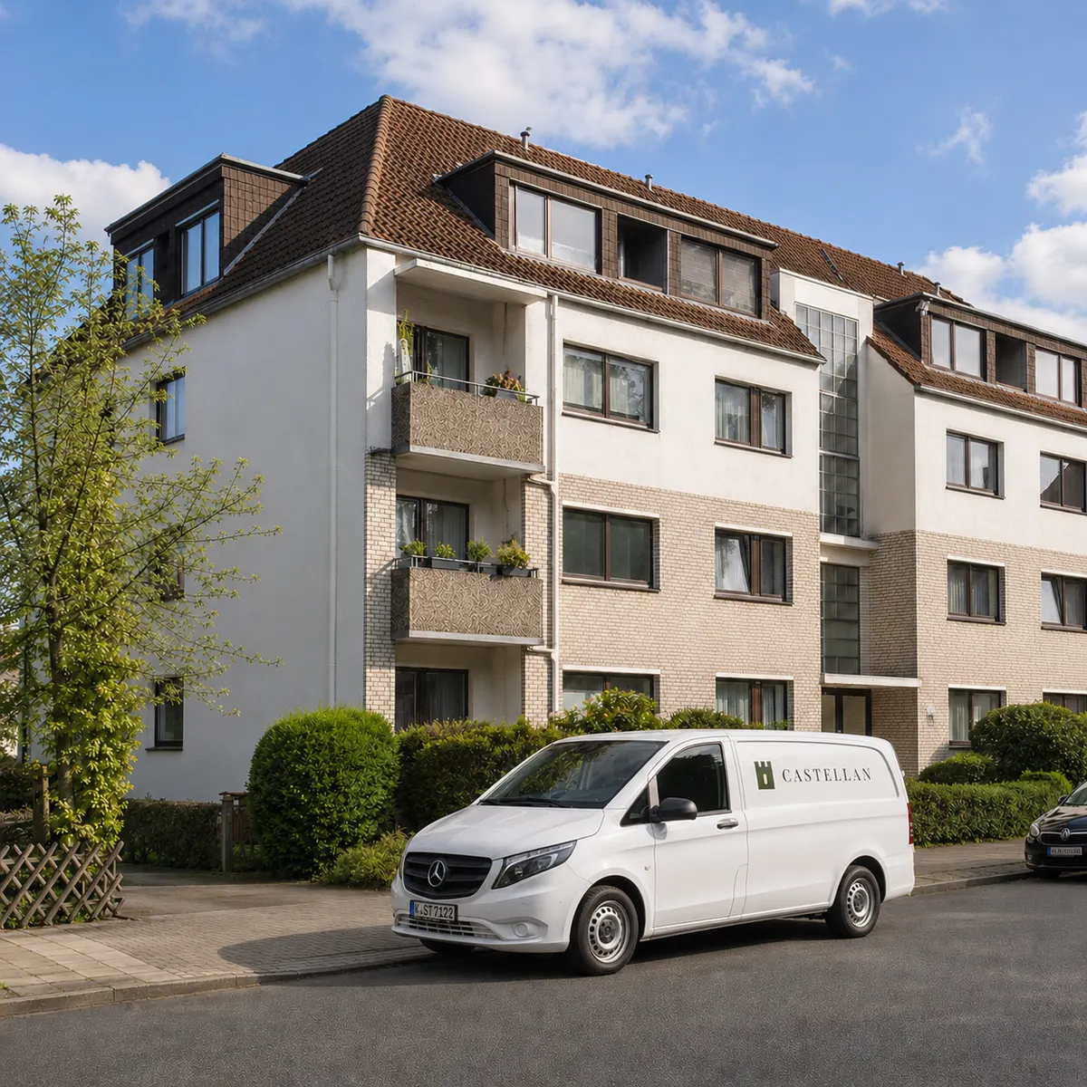 Castellan-Servicefahrzeug vor einem weiß verputzten Mehrfamilienhaus